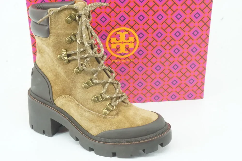 Tory Burch Suede Hiker High Heel Ankle Boots Size 7 Lug Logo $440 Lace Up